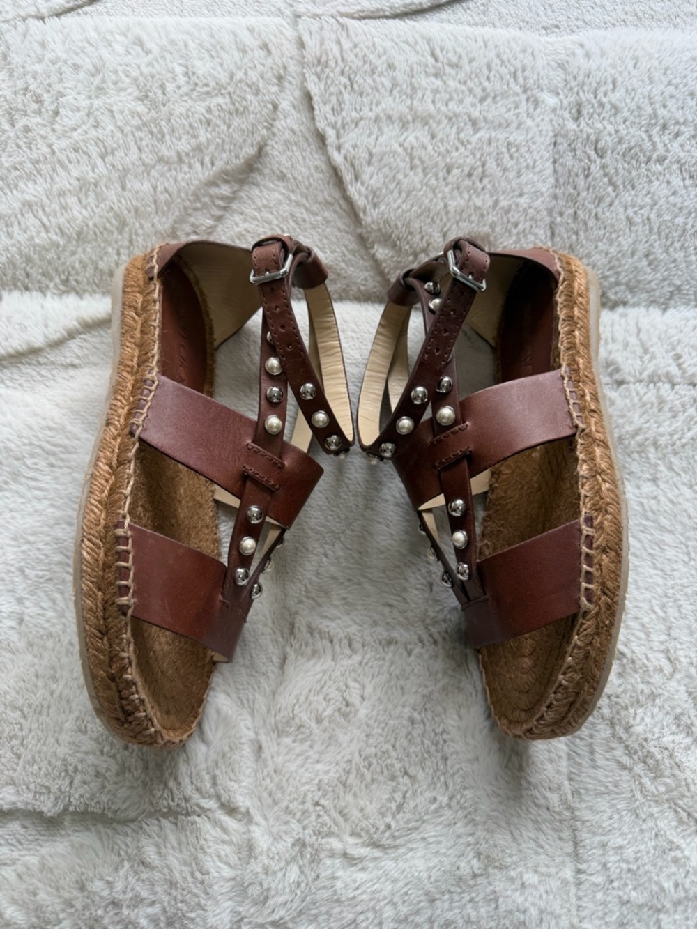 NEW! $625 Jimmy Choo Denise Brown Leather Strap Studded Espadrille Sandals 5.5 - Picture 4 of 8